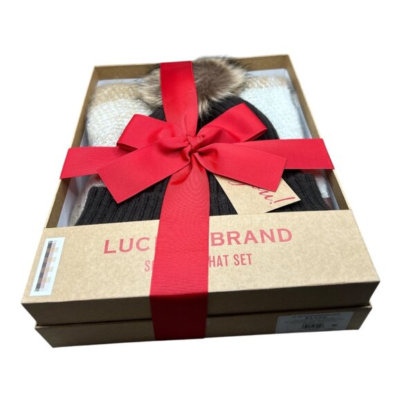 Lucky Brand Hat and Scarf Set Brown Ribbed Beanie W/Faux Fur Pom & Plaid Scarf - Picture 6 of 6